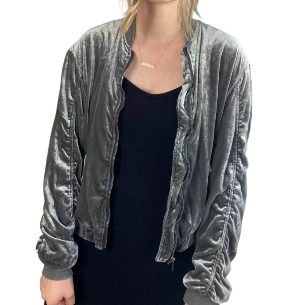 Free People Ruched Velvet Bomber Jacket Gray Crushed Velour Y2K Large